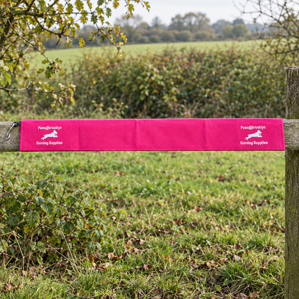 Hot Pink Paws@Brooklyn gundog fence cover on a countryside fence