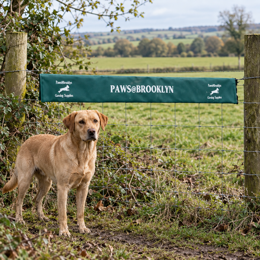 Paws@Brooklyn gundog fence cover fitted over a countryside fence with a dog nearby