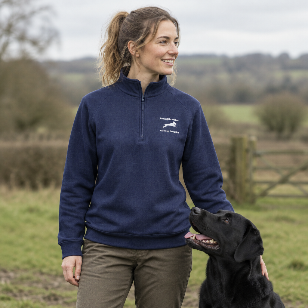 Woman wearing a Paws@Brooklyn quarter-zip sweatshirt outdoors in the countryside