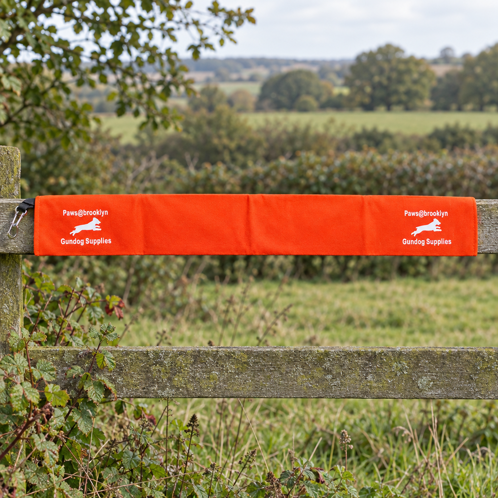 Orange Paws@Brooklyn gundog fence cover on a countryside fence