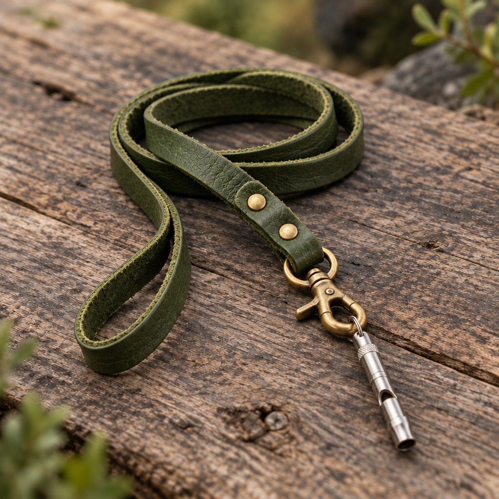 Moss green genuine leather whistle lanyard with brass trigger hook