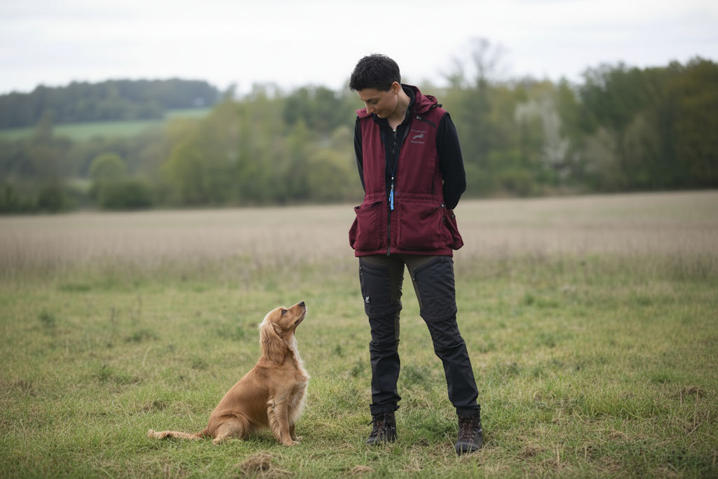 Handler wearing the Paws@Brooklyn Field Handler Vest in burgundy, standing in a British countryside field with a golden Cocker Spaniel