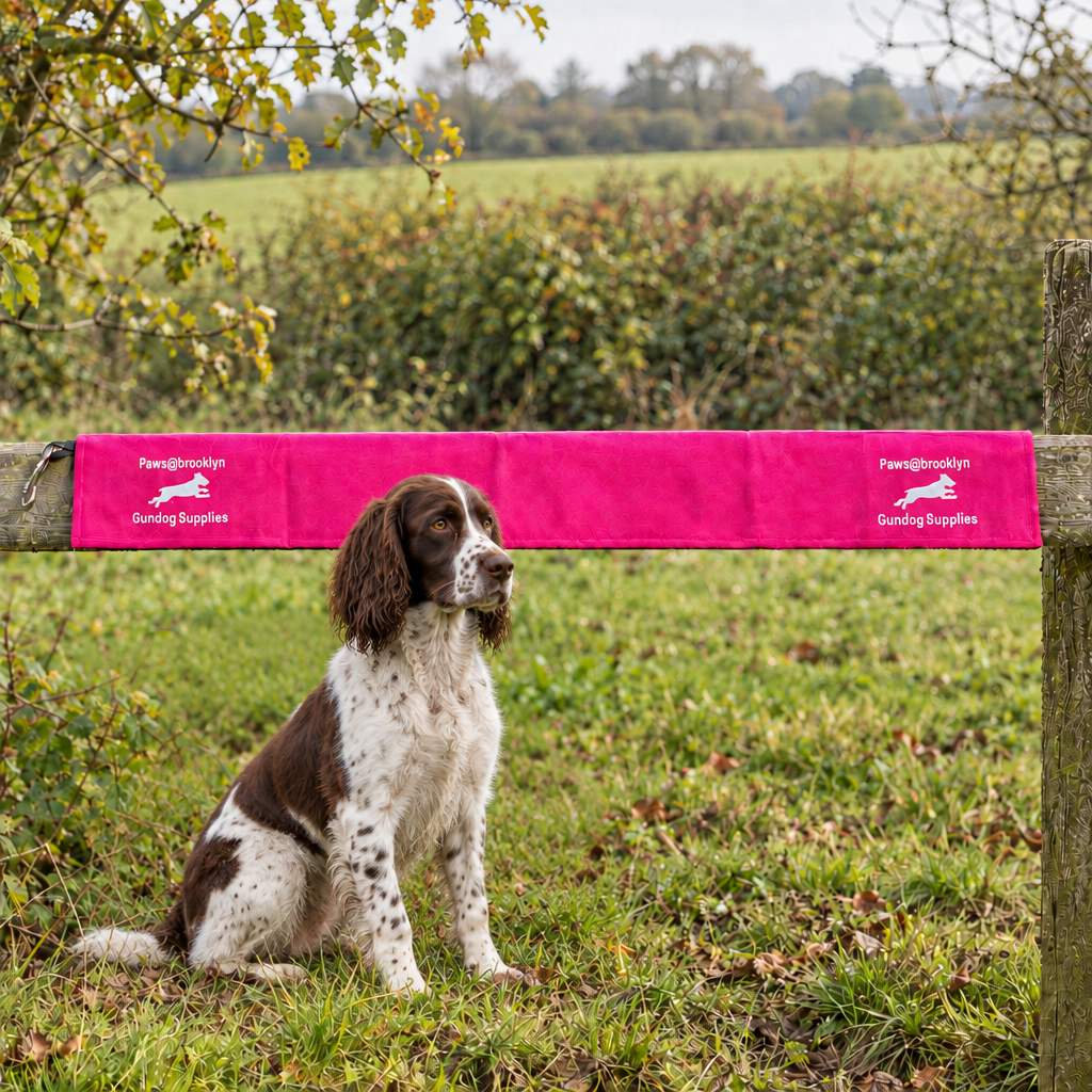 Pink fence cover with seated working springer spaniel